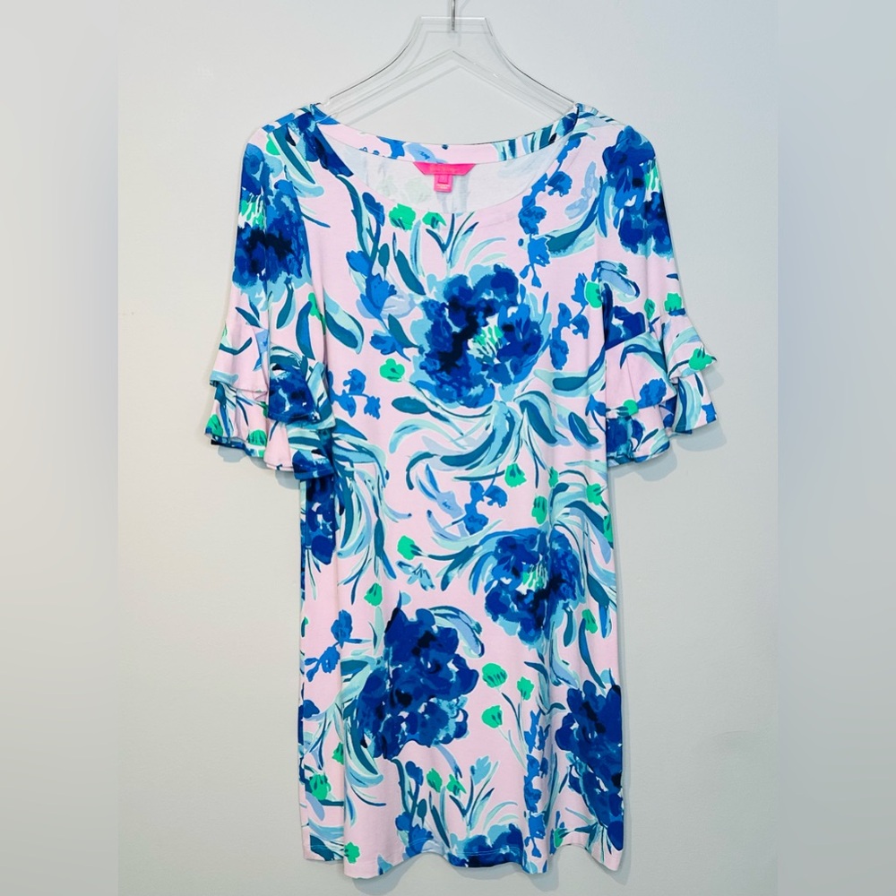 Lilly Pulitzer Lula Pink Tropics Sweet Pea Floral Print Ruffle Sleeve Dress Sz S - Picture 13 of 14